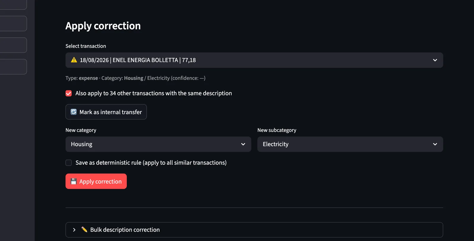 Spendif.ai の修正パネル：取引の選択、新しいカテゴリ、決定論的ルールとして保存するオプション