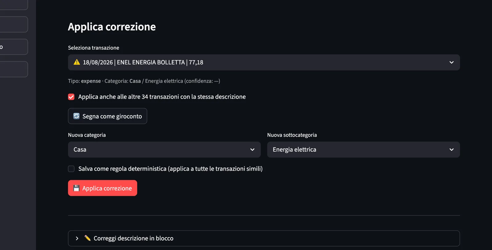 Pannello di correzione di Spendif.ai: selezione della transazione, nuova categoria e opzione per salvare una regola deterministica